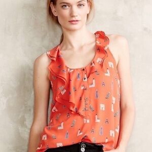 2/$30 Anthropologie Maeve Aurelie Eiffel Tower Sleeveless Ruffle Blouse SZ 6